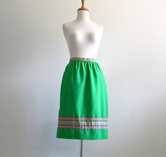 Vintage 70s Green Linen Skirt - below the knee - … - image 2