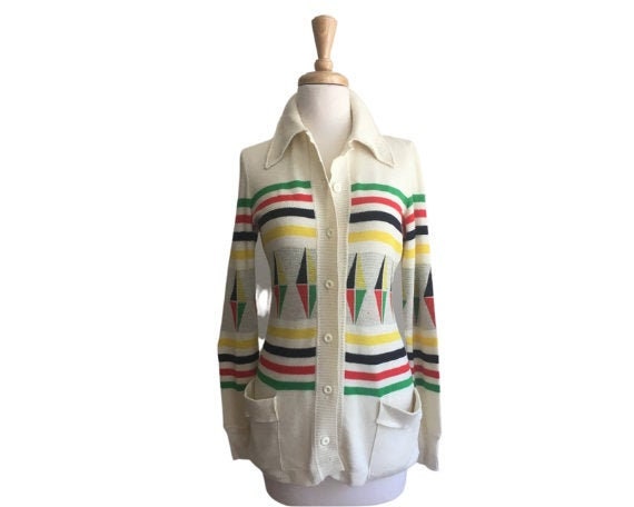 roguegirlvintage Vintage Nautical Sweater - 80s Preppy - Women's Long Cardigan - Geometric Print - Crissa - Medium
