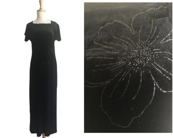 Vintage Black Velour & Metallic Midi Dress - lbd - Dawn Joye - Medium