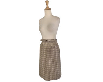 Vintage Secretary Skirt - knee length - beige plaid - belted - women's office wear - Small