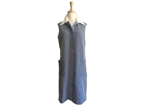 Vintage 70s Blue & White Shift Dress - shirtdress… - image 1