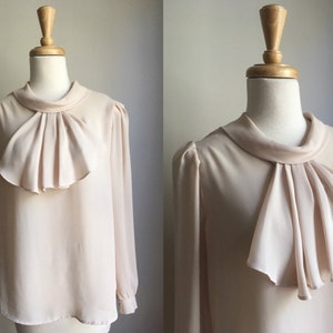 Vintage Romantic Tuxedo Blouse beige top jabot semi sheer M L image 1