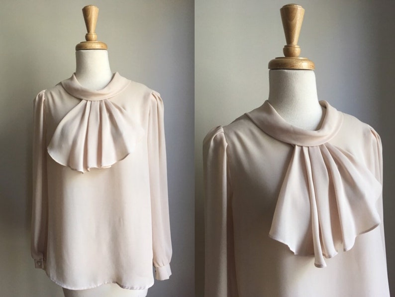 Vintage Romantic Tuxedo Blouse beige top jabot semi sheer M L image 1