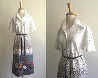 Vintage Shirtwaist Dress - 70s shift - polka dot - floral print - Ellen Rogers - Medium