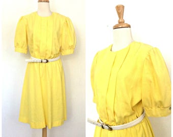 Vintage 80s Cotton Dress - yellow sundress - knee length - elastic waist - M L