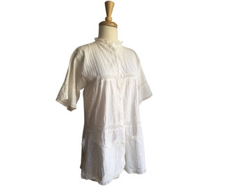 Vintage Boho Tunic - white cotton blouse - 70s crochet top - button down - Large
