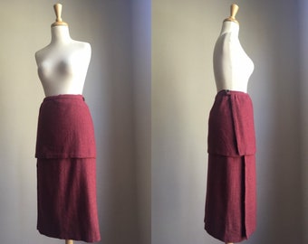 Vintage Burgundy Wool Skirt - wrap midi - apron - a line - Medium
