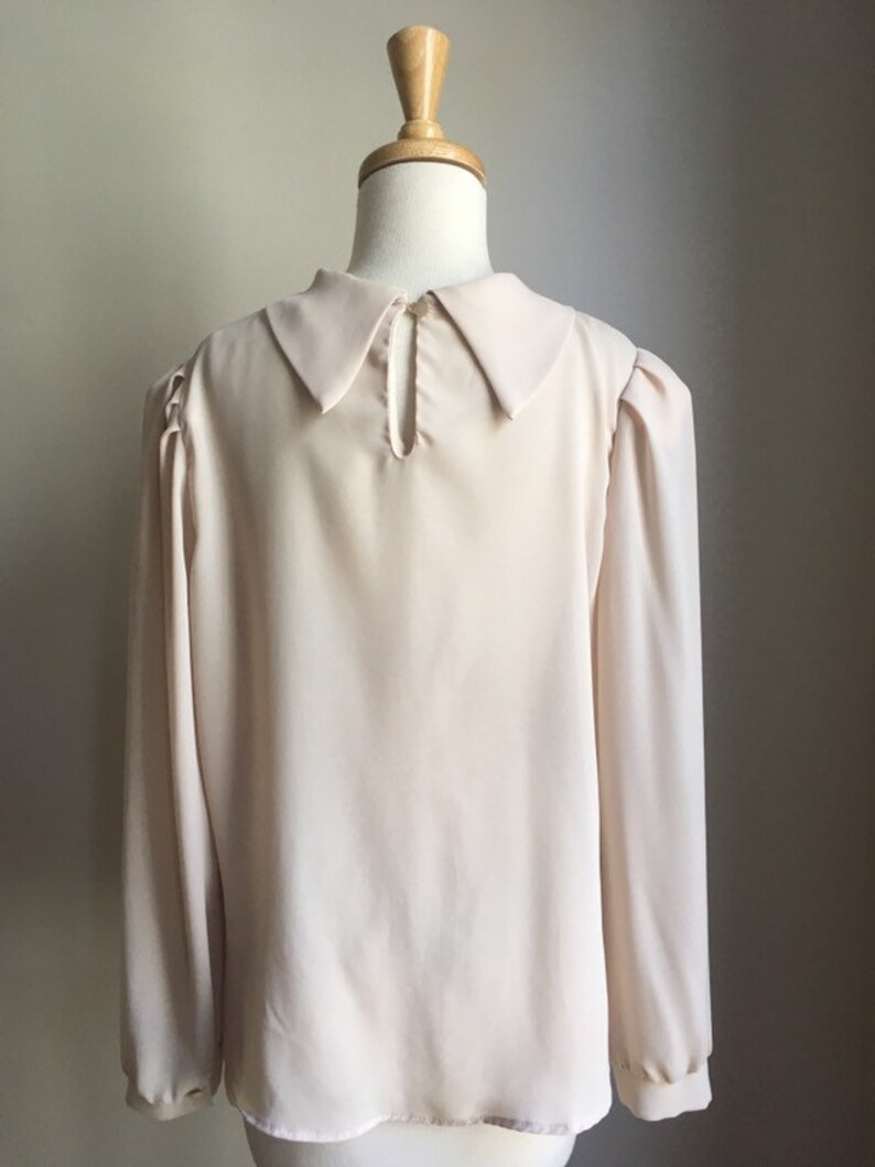 Vintage Romantic Tuxedo Blouse beige top jabot semi sheer M L image 7