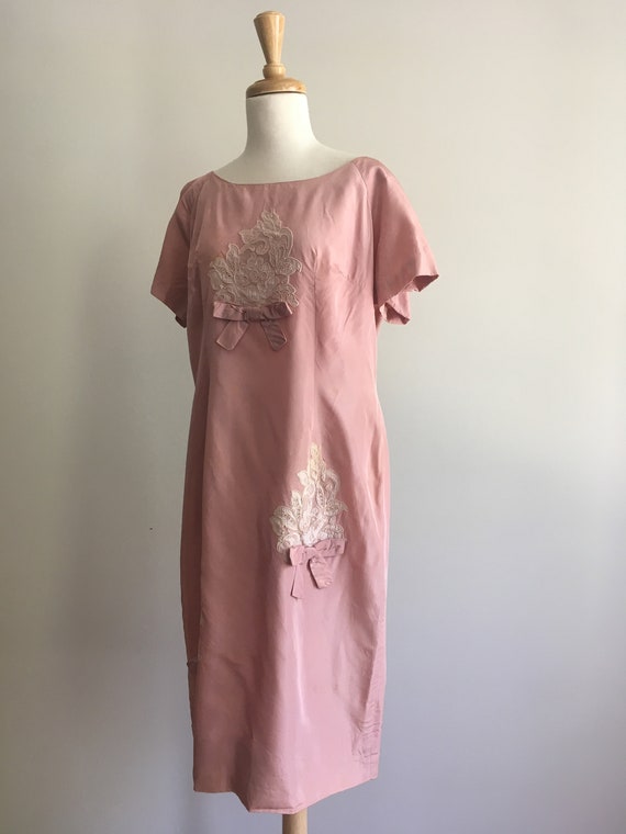 Vintage 50s Party Dress - silk shift - mauve - be… - image 4