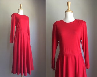 Vintage 80s Red Midi Dress - fit and flare - long sleeve - full skirt - Melissa - Medium