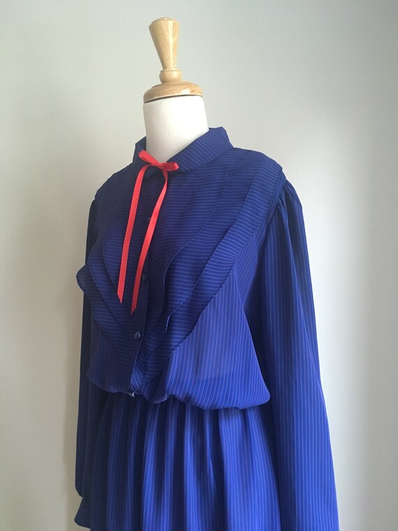 Vintage 80s Blue Blouson Pussybow Secretary Dress… - image 5