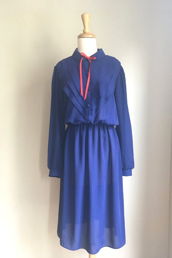 Vintage 80s Blue Blouson Pussybow Secretary Dress… - image 2