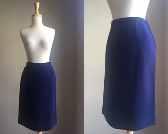 Vintage 80s Blue Secretary Skirt - below the knee - knit - high waist - Crown Originals - Medium