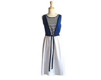 Vintage 70s Sundress - fit and flare - nautical dress - color block - Toni Todd - M L