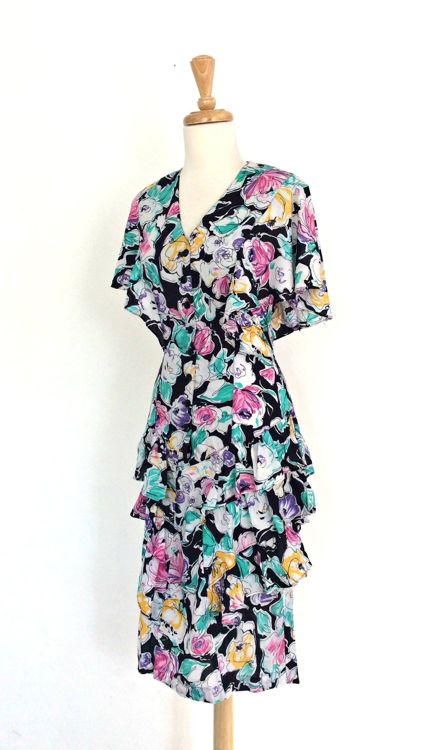 Vintage 1980s Dress Tiered Flutter Sleeve Wiggle Dress - Etsy