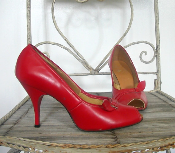 50s Pumps Peep Toe Shoes Red High Heels Stilettos Red Pumps