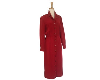 Vintage 80s Red Secretary Dress - shirtdress - shift - below the knee - Medium