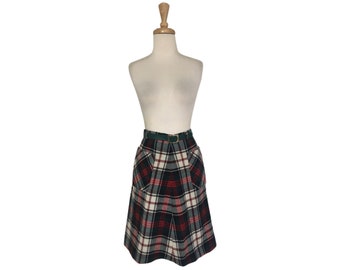 Vintage Plaid Skirt - a line - wool tartan - knee length - academia - Medium