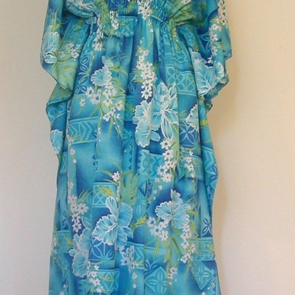 Hostess Dress - 60s blue floral kimono sleeve caftan maxi dress resort wear medium
