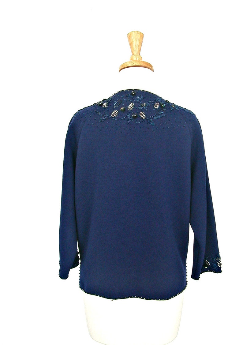 Vintage Blue Beaded Sweater evening jacket sequin cardigan M L image 5