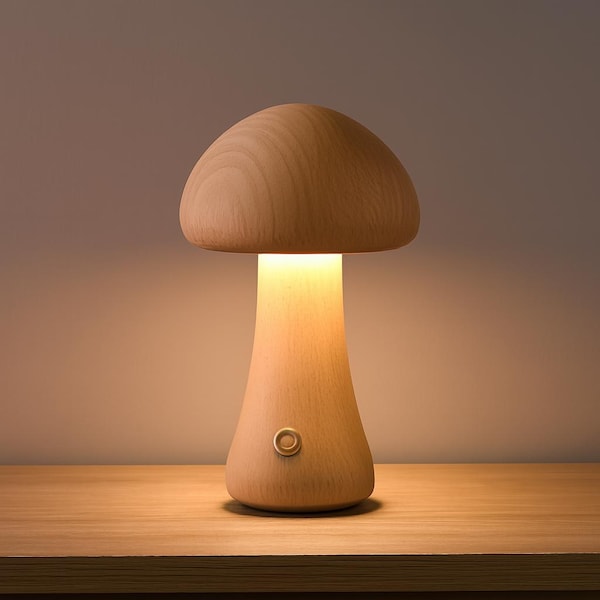 Drewniana lampa w kształcie grzyba – minimalistyczny design i ciepłe, nastrojowe światło