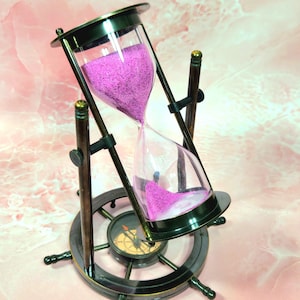 Antique Brass Hourglass Sand Timer, Nautical Compass Wheel Base, Maritime Decor