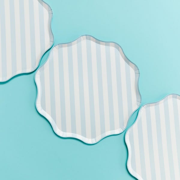 Soft Blue Stripe Scalloped Party Plates (8 Count) | 10.5” Pastel Blue Party Plates | Easter, Baby Shower & Spring Table Decor
