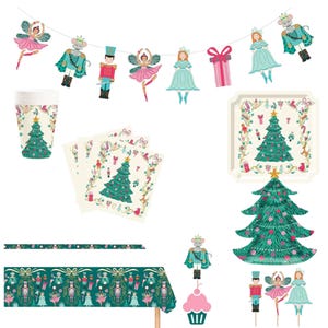 May include: A Christmas-themed party set with a garland of fairies and nutcrackers, paper cups, napkins, a tablecloth, and a decorative tree. The color scheme includes teal, pink, and gold, ideal for festive gatherings.