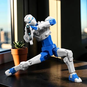 Pode incluir: Uma figura de a&ccedil;&atilde;o branca, azul e cinza em uma pose din&acirc;mica, segurando uma pistola futurista. A figura &eacute; articulada, com juntas vis&iacute;veis e um design detalhado. Est&aacute; posicionada em uma superf&iacute;cie escura perto de uma planta em vaso.