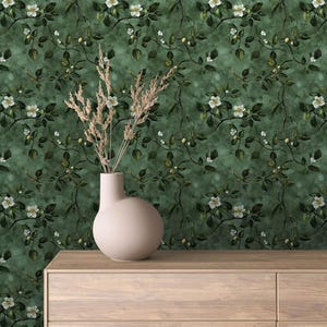 Papier peint autocollant floral vert botanique | murale florale vintage | Décoration murale autocollante amovible