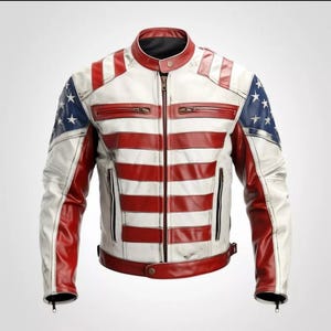 Blouson motard en cuir premium pour homme avec drapeau américain