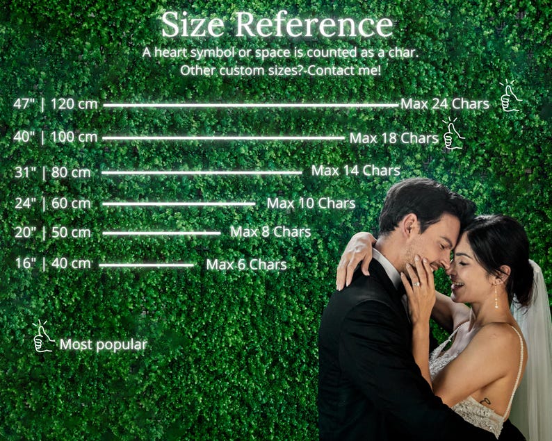 May include: Image with size reference for a product. Measurements are provided in inches and centimeters, ranging from 16" (40 cm) to 47" (120 cm). The text indicates the maximum character count for each size. A couple is embracing in the background.