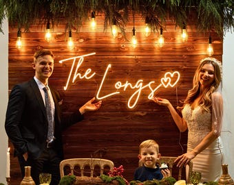 Custom Wedding Neon Sign with heart, LED Wedding Sign with free dimmer, Battery Operated Neon Sign, Last Name Neon Sign,  Mr & Mrs Neon Sign