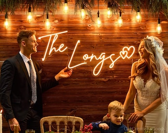 Custom Wedding Neon Sign with heart, LED Wedding Sign with free dimmer, Battery Operated Neon Sign, Last Name Neon Sign,  Mr & Mrs Neon Sign