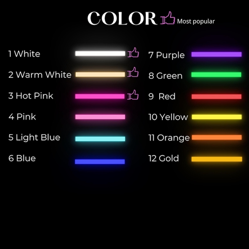 May include: A black background displays a color chart with 12 neon color options. Each color is represented by a horizontal bar and a corresponding number and name. The text "COLOR" and "Most popular" are at the top.