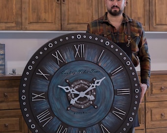 Giant Wall Clock | wanduhr | 57inch/145cm Gray & Blue Wall clock | Oversized Roman Numeral Wall Clock | Statement Decor