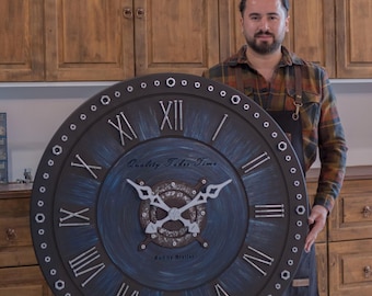 Giant Wall Clock | Extra Large Wall Clock | 57inch/145cm Gray & Navy Blue Wall clock | Oversized Roman Numeral Wall Clock | Statement Decor
