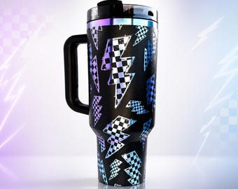 Black Tumbler, Checkered Lightning Bolts, Rainbow Plated, 40oz Custom Logo