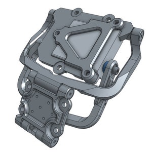 May include: A grey metal 3D printed part with a hinge and a rectangular opening. The part is designed to hold a small electronic device.