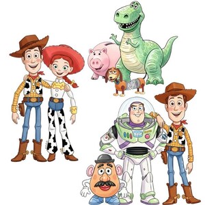 May include: Illustration of characters from the animated film Toy Story. Woody and Jessie are together, with Buzz Lightyear and Woody together. Other characters include Rex the dinosaur, Hamm the piggy bank, and Slinky Dog. All characters are in color.