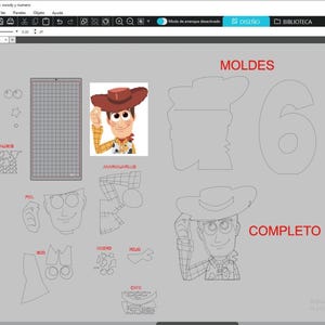 May include: A digital design layout featuring a cartoon cowboy character, with the word "MOLDES" in red. The design includes outlines for cutting, a grid, and the number 6. The word "COMPLETO" is also visible.