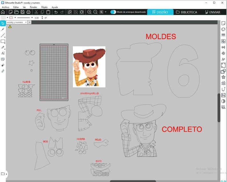 May include: A digital design layout featuring a cartoon cowboy character, with the word "MOLDES" in red. The design includes outlines for cutting, a grid, and the number 6. The word "COMPLETO" is also visible.