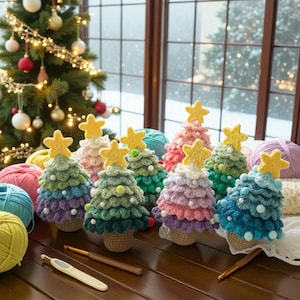 Crochet Mini Christmas Tree Set, Handmade Holiday Tiered Tray Decor, Small Knit Pine Desk Ornament, Christmas Gift