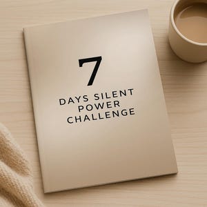 Può includere: Un diario beige con il numero "7" in grassetto nero e il testo "DAYS SILENT POWER CHALLENGE" stampato sotto. Una tazza di caffè è a destra del diario. Il diario è su una superficie di legno chiaro.