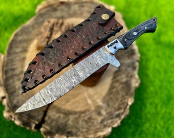 Cuchillo de filetear de Damasco de 33 cm personalizado / Cuchillo de pescado hecho a mano con funda de cuero / Regalo para padrinos de boda y Día del Padre
