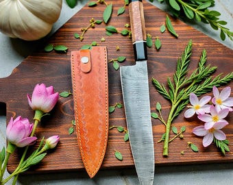 Handmade Damascus Steel Chef Knife | 15" Gyuto, Burl Oak Handle