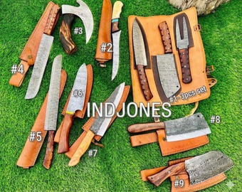 Massive Christmas Bundle Handmade Damascus Steel Knife Set: 9-Piece Chef, BBQ, and Pizza Collection