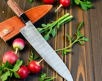 Handmade Damascus Steel Chef Knife | 15" Gyuto, Burl Oak Handle