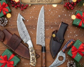 Christmas Bundle Handmade Damascus Steel Knife Set, Ram Horn Handle, Chef and Camping Knife