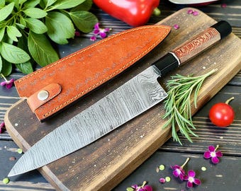 Handmade Damascus Steel Chef Knife | 15" Gyuto, Burl Oak Handle